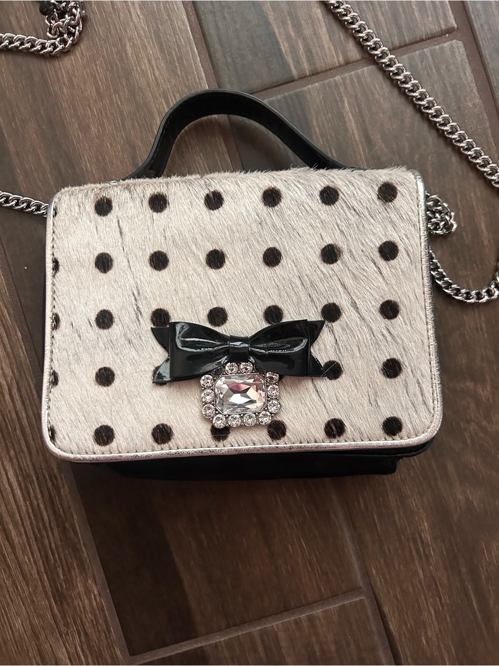 My Flat in London Polka Dot Calf Hair Crossbody Purse in Black & White - Picture 2 of 10